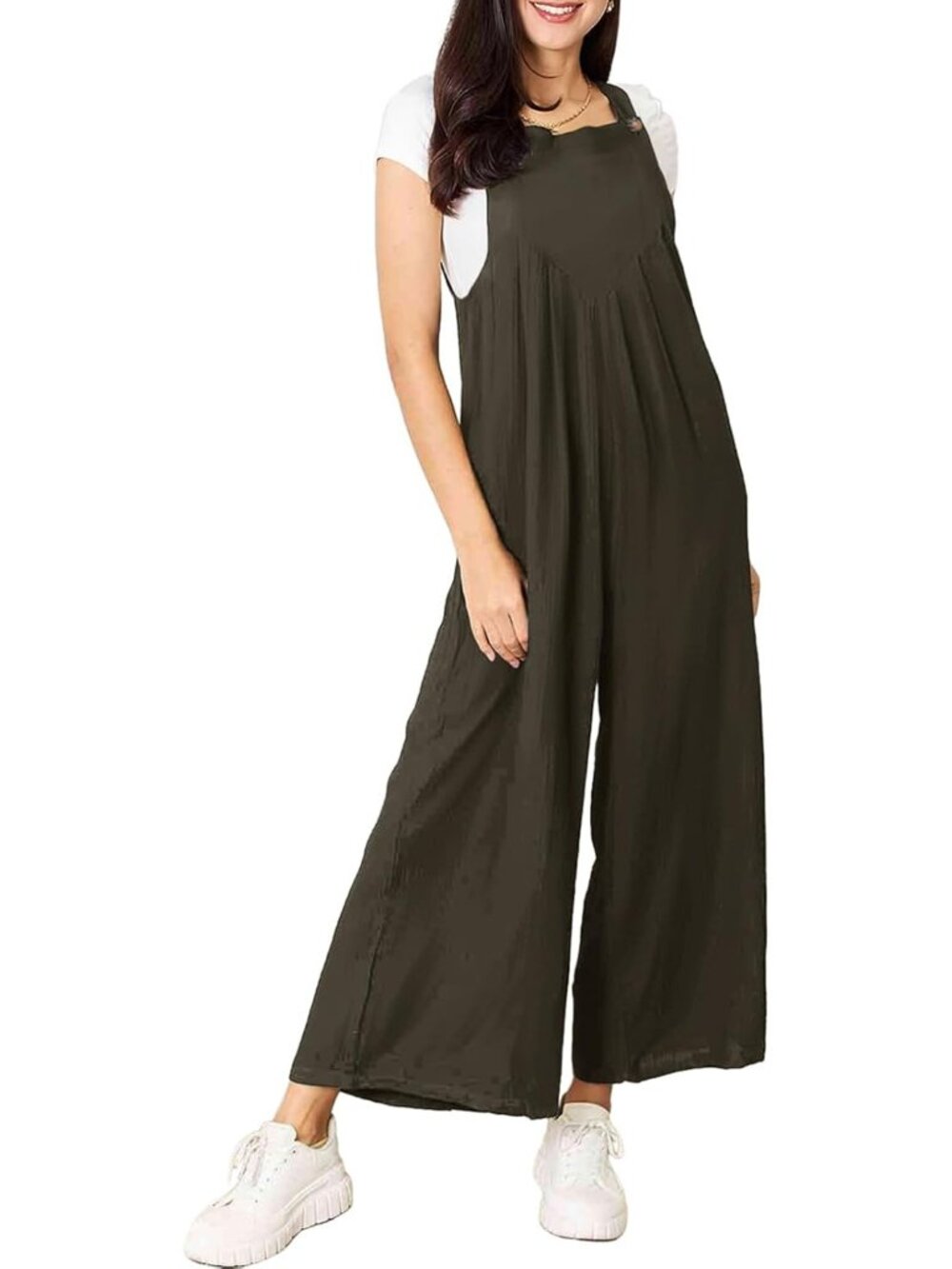 Women's Moss Green Casual Loose Overalls Jumpsuits One Piece Long Pant Rompers - Picture 2 of 5